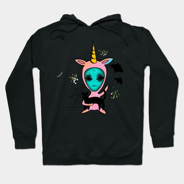 alien in a pink unicorn onesy holding a cat smoking a blunt cute gift Hoodie by AnanasArt